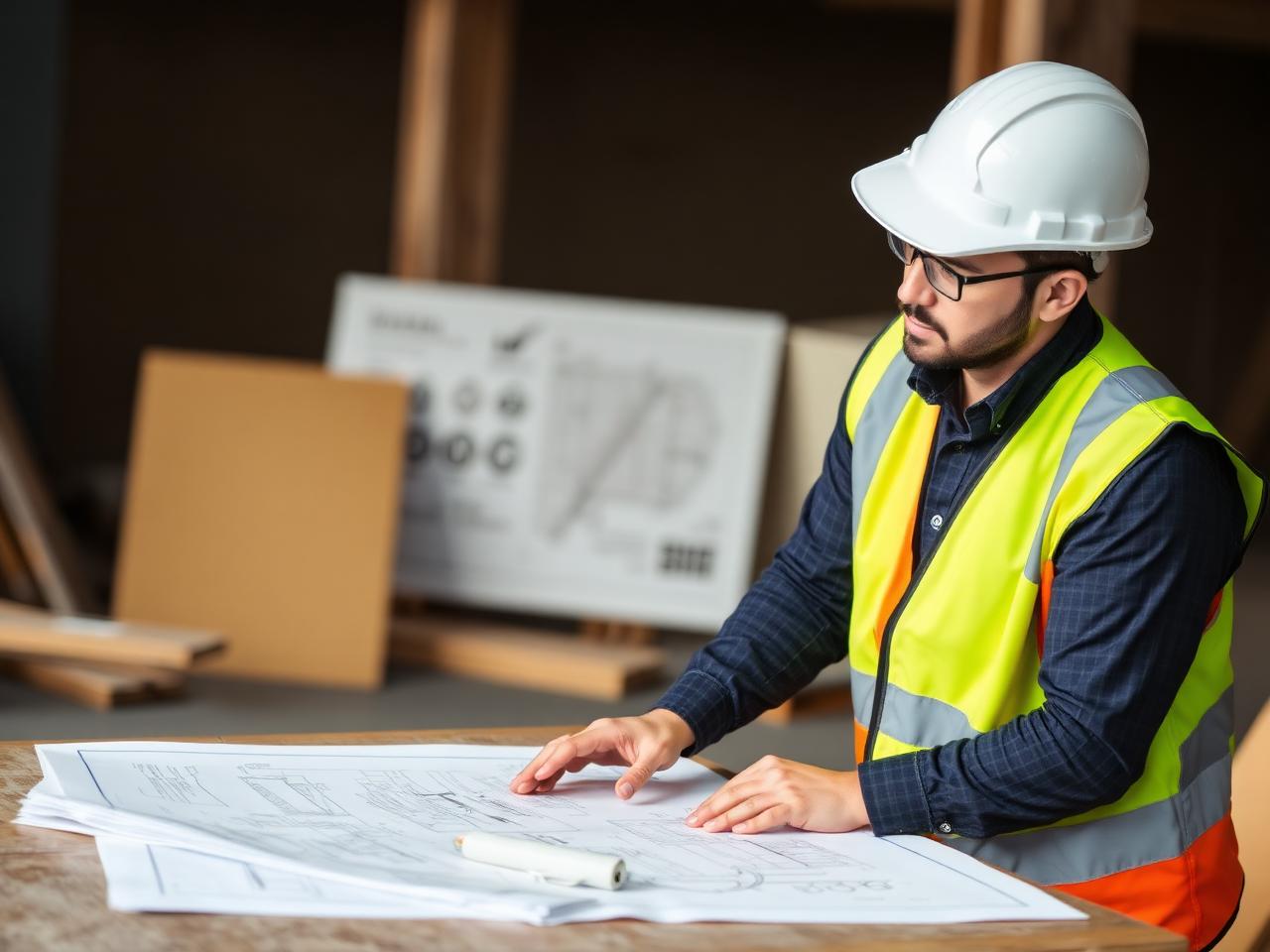 JH Construction project lead reviewing architectural plans on site